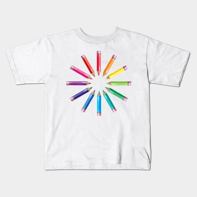 Rainbow pencils - Circle Kids T-Shirt by Rowena Aitken